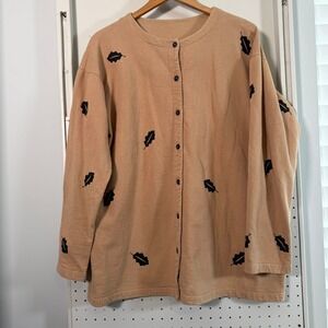 Vintage Artworks Cardigan Women's Brown Leaf Print Button Top USA Made Medium